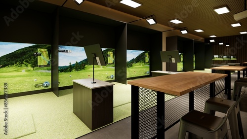 Foto table behind a modern indoor golf simulator complete with a hitting station, pro