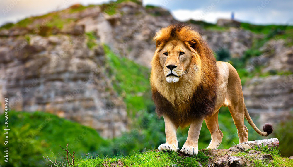 Strong and confident lion on a hill Lioness relaxing on the rock with blue sky in background African Lion Standing on Mossy Rock Strong and confident lion on a hill Lioness relaxing on the rock with blue sky in background African Lion Standing on Mossy Rock