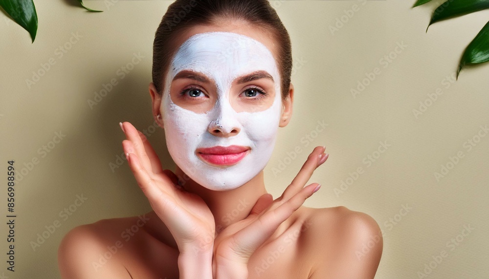woman with mask against beige background with copy space woman with mask against beige background with copy space