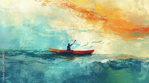 An abstract illustration of a man in a canoe flying over the sea, presenting a surreal concept