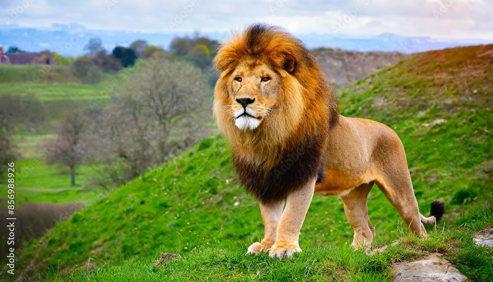Strong and confident lion on a hill Lioness relaxing on the rock with blue sky in background African Lion Standing on Mossy Rock Strong and confident lion on a hill Lioness relaxing on the rock with blue sky in background African Lion Standing on Mossy Rock