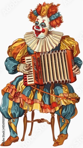 clown playing accordion, colorful costume, sitting clip art preview