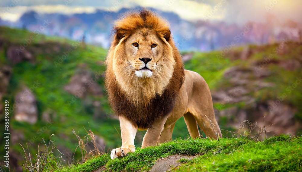 Strong and confident lion on a hill Lioness relaxing on the rock with blue sky in background African Lion Standing on Mossy Rock Strong and confident lion on a hill Lioness relaxing on the rock with blue sky in background African Lion Standing on Mossy Rock