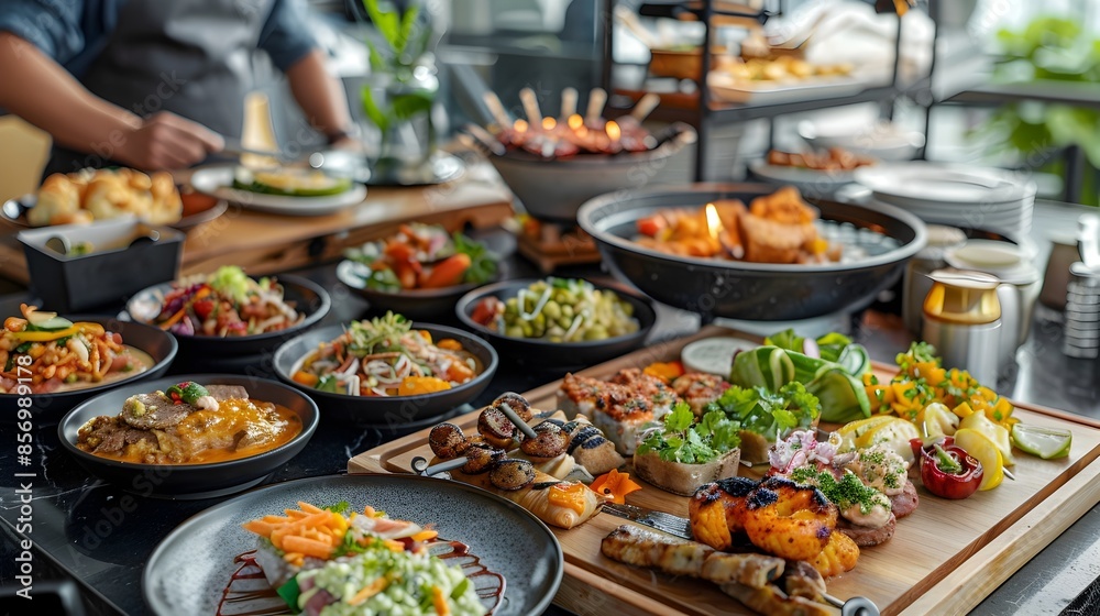 Nomad's Whispers of Wind:A Bountiful Buffet Spread with Chefs in the Background