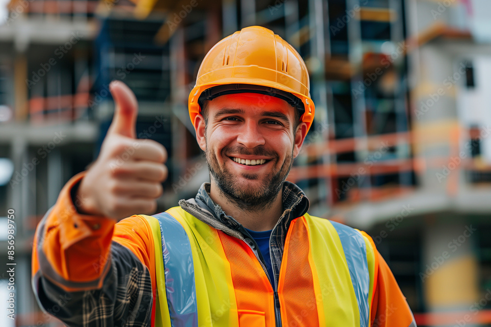 A construction worker in a hard hat gives a thumbs up and smiles at the camera against the background of a building