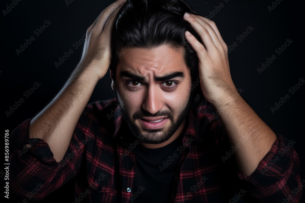 man with hand in hair making a face on black background man with hand in hair making a face on black background