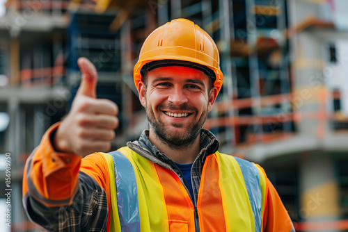 Obraz na płótnie A construction worker in a hard hat gives a thumbs up and smiles at the camera against the background of a building w salonie