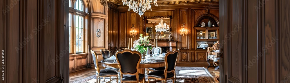 Charming dining room featuring intricate oak paneling, a sparkling chandelier, and a luxurious dining setting, perfect for an English manor house Charming dining room featuring intricate oak paneling, a sparkling chandelier, and a luxurious dining setting, perfect for an English manor house