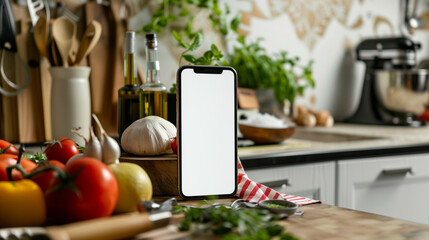 
An iPhone mockup with white screen propped up in a kitchen, surrounded by fresh ingredients and cooking utensils