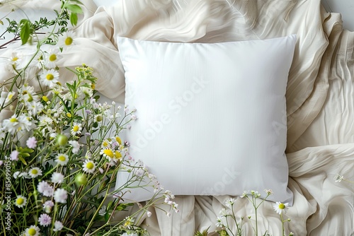 Simple white blank square pillow mock up for etsy store, spring vibes, spring flowers photo