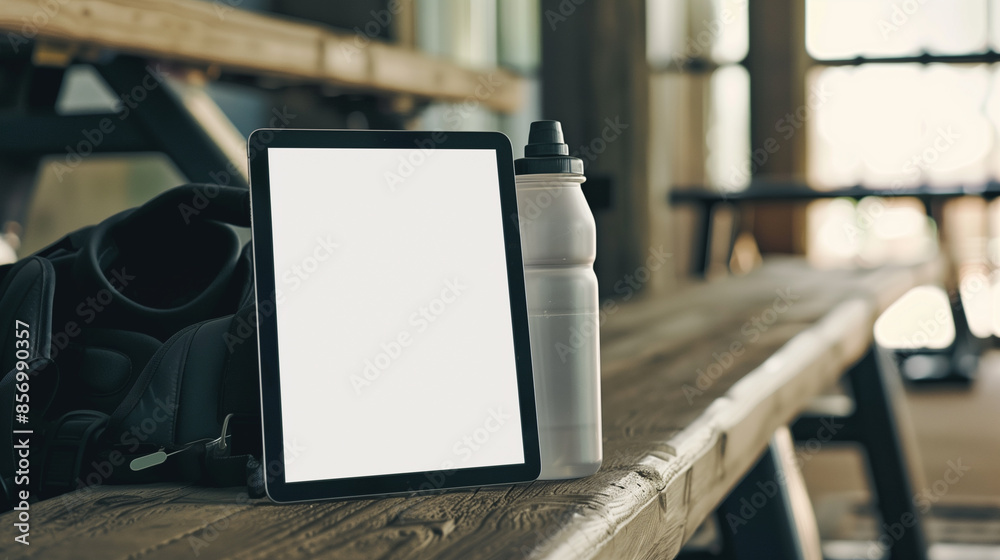 
iPad with white screen mockup on a gym bench next to a water bottle and workout gear