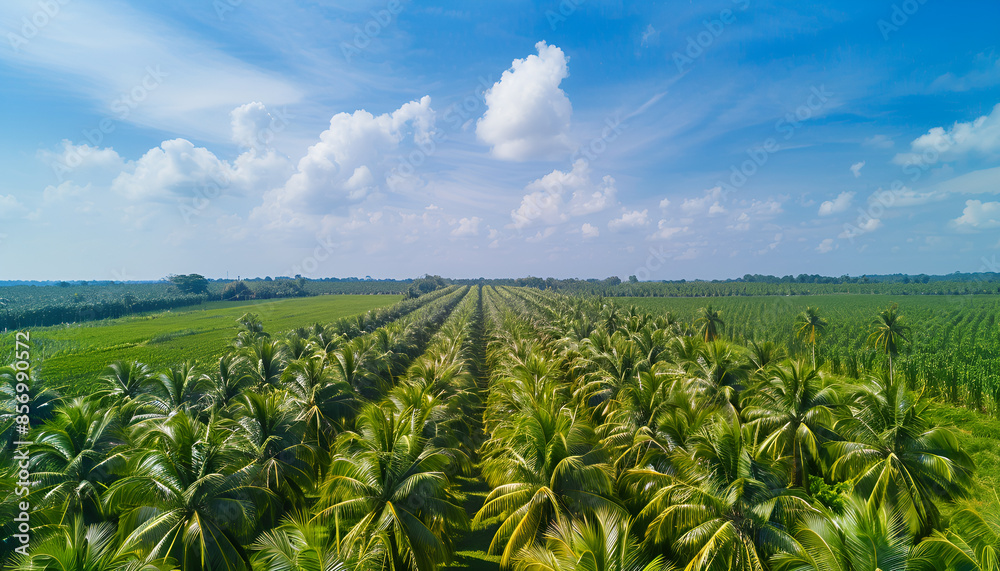 Panoramic view of Date palm plantation growing up Panoramic view of Date palm plantation growing up