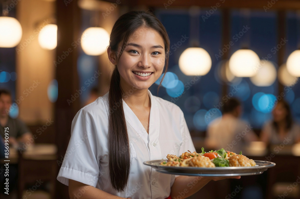 Happy young Asian waitress in uniform with a tray bringing food on blurred background inside a night city restaurant Happy young Asian waitress in uniform with a tray bringing food on blurred background inside a night city restaurant