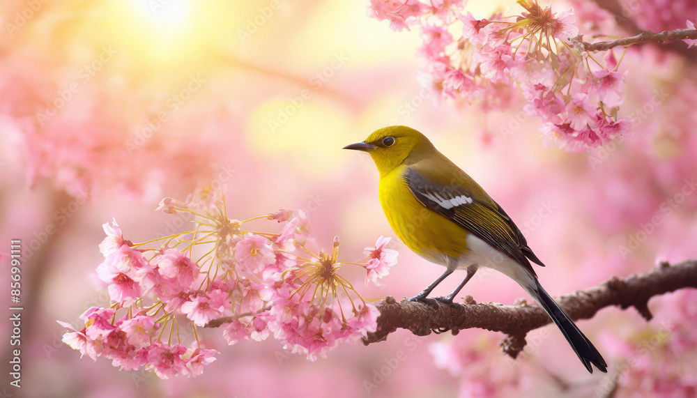 Flock of birds are singing happily on the branches of a tree with spring flower blossoms and sun light , spring season background Flock of birds are singing happily on the branches of a tree with spring flower blossoms and sun light , spring season background