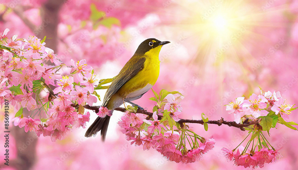 Flock of birds are singing happily on the branches of a tree with spring flower blossoms and sun light , spring season background