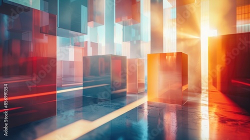 Abstract background with glowing red, orange, and blue geometric shapes and a reflective surface.