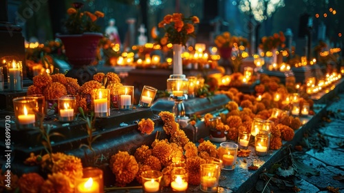 All Saints Day Night: Candles and Marigold Flowers Illuminate the Cemetery in Celebration © hisilly