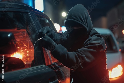 Robbing a car Masked robber picking a lock on a car door © alisaaa