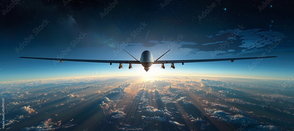 Naklejka premium Drone Flying Over Planet Earth for Global Aerial Surveillance and Security Control