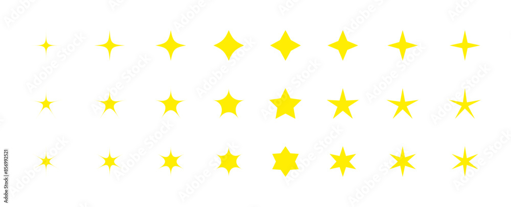Super set of yellow stars sparkling on white background. Bright firework, decoration twinkle, shiny flash. Glowing light effect stars and bursts collection. Vector graphic design Super set of yellow stars sparkling on white background. Bright firework, decoration twinkle, shiny flash. Glowing light effect stars and bursts collection. Vector graphic design