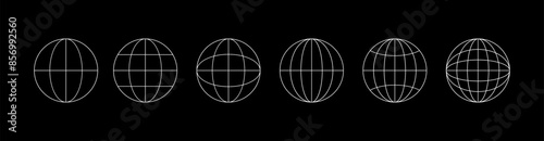 World globe grids in circle form. Linear striped spheres, earth latitude and longitude line grid. Retro futuristic design elements. Vector illustration