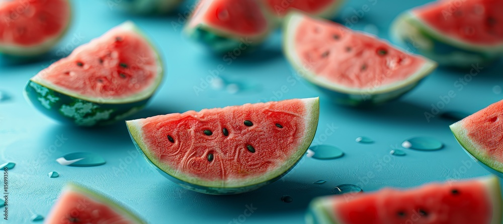 Flat Lay with Watermelon Pieces on Blue Background Summer Food Summertime Sweet Food