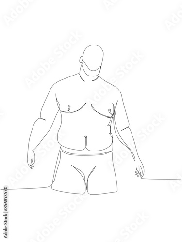 obese man bare-chested and in underwear one line art. Continuous line drawing of body positive, overweight, plus size model, XL, health, fashion, self acceptance.