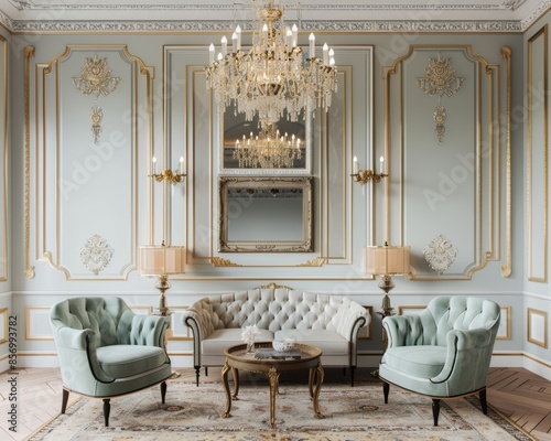 Sophisticated interior featuring elegant molding, pastelcolored walls, an ornate mirror, and a crystal chandelier, perfect for a classic design © kitidach