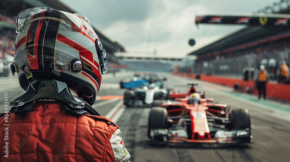 Racing driver in helmet and formula car on the track. Racing driver in helmet and formula car on the track.