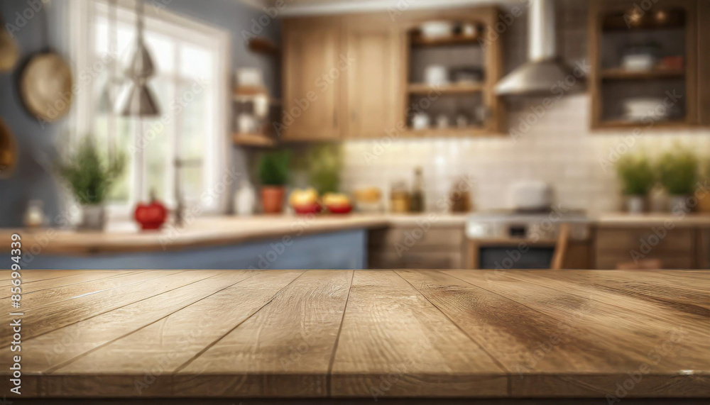 Wooden table on blurred kitchen bench background. Empty wooden table and blurred kitchen background