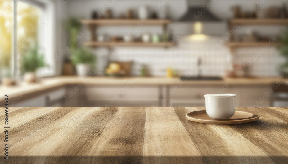 Wooden table on blurred kitchen bench background. Empty wooden table and blurred kitchen background Wooden table on blurred kitchen bench background. Empty wooden table and blurred kitchen background