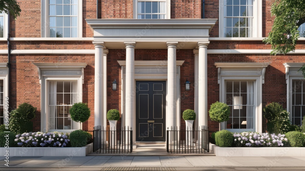Picturesque Georgian townhouse with refined sash windows, a balanced symmetrical design, and a charming portico, perfect for a timeless setting Picturesque Georgian townhouse with refined sash windows, a balanced symmetrical design, and a charming portico, perfect for a timeless setting