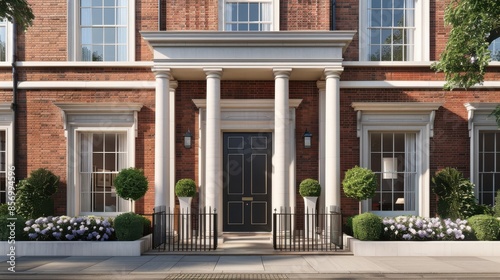 Picturesque Georgian townhouse with refined sash windows, a balanced symmetrical design, and a charming portico, perfect for a timeless setting © kitidach