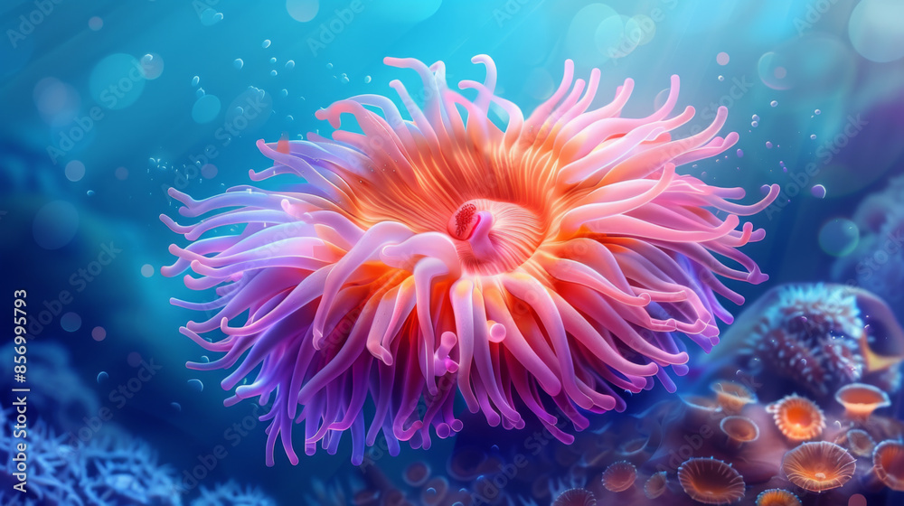 A stunning pink sea anemone with flowing tentacles, captured underwater with a vibrant, colorful ocean backdrop. A stunning pink sea anemone with flowing tentacles, captured underwater with a vibrant, colorful ocean backdrop.