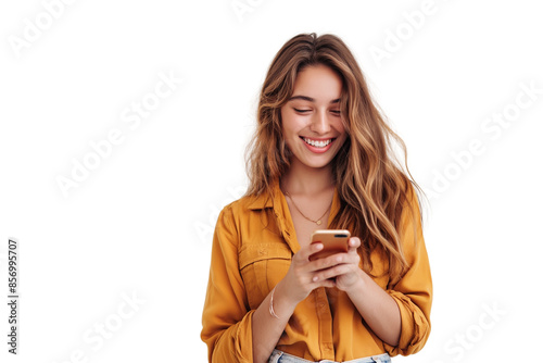 Smiling women young girl using smartphone, isolated on transparent background. Casual modern lifestyle concept with tech-savvy adult male holding mobile device.