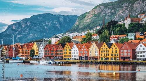 Bergen, Norway. View of historical buildings in Bryggen- Hanseatic wharf in Bergen, Norway. UNESCO World Heritage Site --ar 16:9 Job ID: 9efd4e81-ae01-4368-ab36-ee77bbf3d3ad