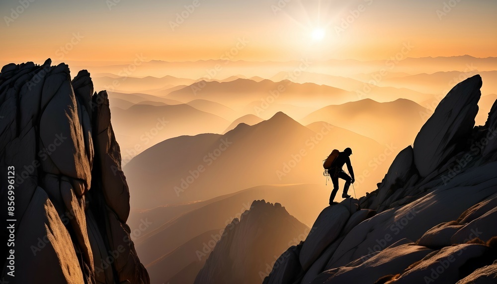 Fototapeta premium silhouette of a climber climbing a cliffy rocky mountain against the sun at sunset 