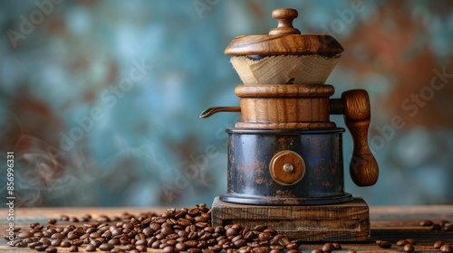 mockup banner showcasing vintage manual coffee grinder, roasted beans, and rustic wooden table for a coffee brewing concept, with a nostalgiac touch