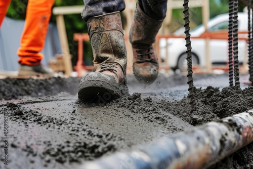 Construction Worker Spraying Concrete On Construction Site