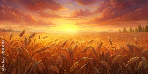 Fantasy landscape with field of wheat at sunset. Sunset over wheat field. Wheat field at sunset. Beautiful sunset over the field of wheat. 