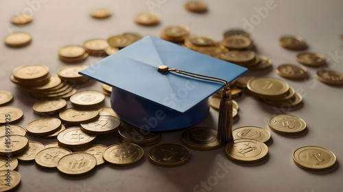 A blue graduation cap surrounded by coins, symbolizing educational loans and financial investment. Graduation Cap with Coins Symbolizing Educational Loans

 photo