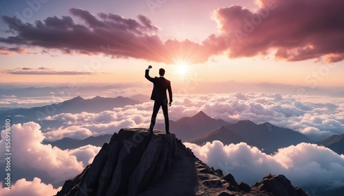 silhouette of a business man in a suit standing on a high mountain peak with one hand raised in a fist, over clouds, little pinky and glossy sunset view, back view	
 photo