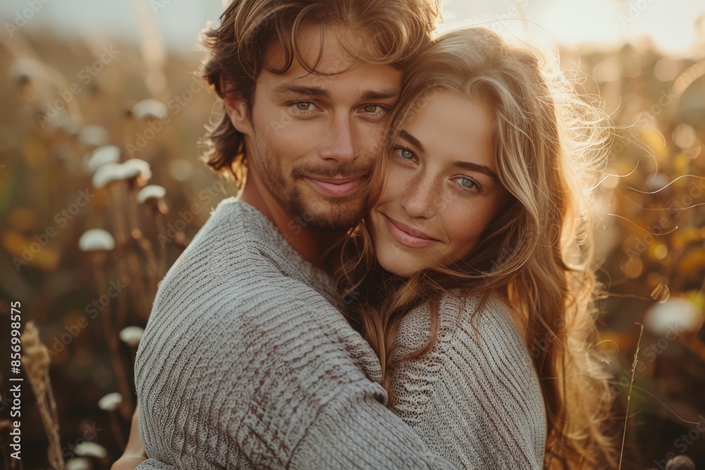Fototapeta premium Affectionate couple embracing, surrounded by golden light of the sunset in a field