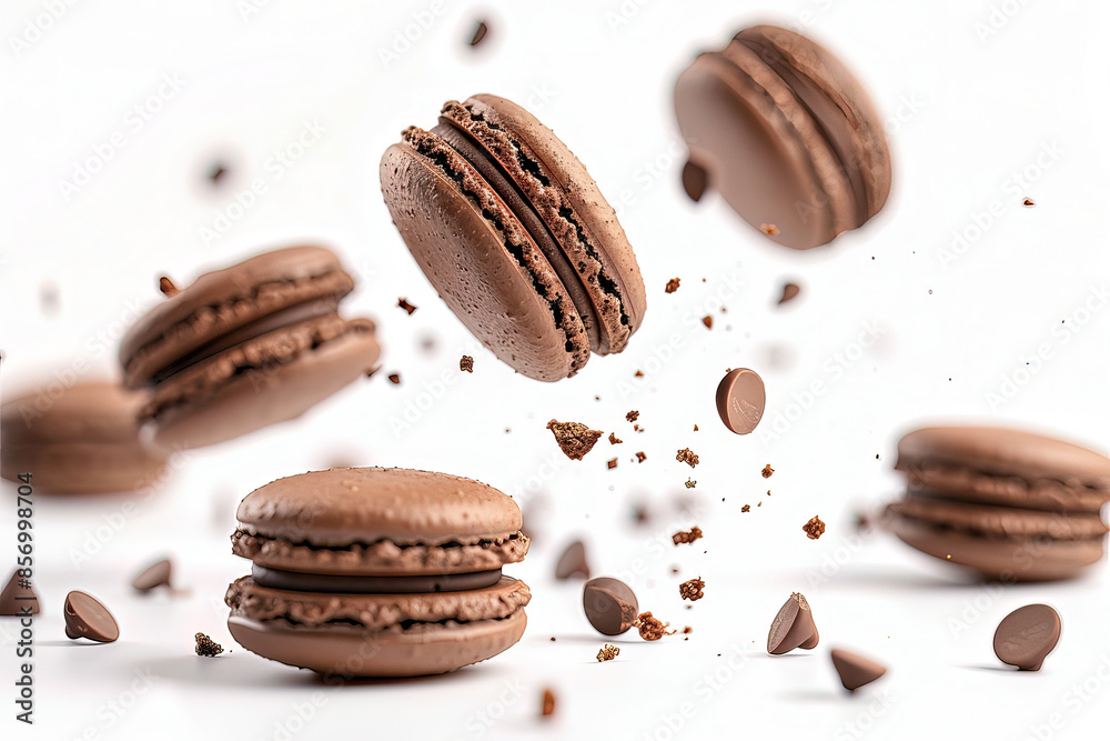 French macarons with chocolate coating floating in midair, isolated on a white background French macarons with chocolate coating floating in midair, isolated on a white background