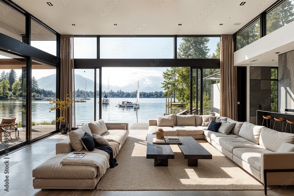 Fototapeta premium a living room filled with furniture and a large window
