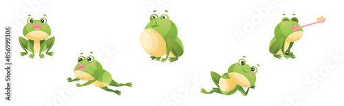 Cute Green Frog or Toad Character with Folded Limbs Vector Set