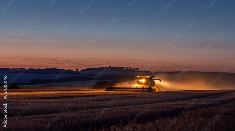 As twilight descends upon the farm, the lights of the combine harvester and tractor continue to blaze brightly, their tireless work ensuring that no grain is left behind in the fields. As twilight descends upon the farm, the lights of the combine harvester and tractor continue to blaze brightly, their tireless work ensuring that no grain is left behind in the fields.