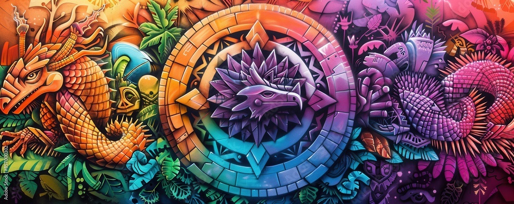 Vibrant mural of intricate Aztec-inspired designs with colorful mythical creatures and mandala patterns for cultural and artistic themes.