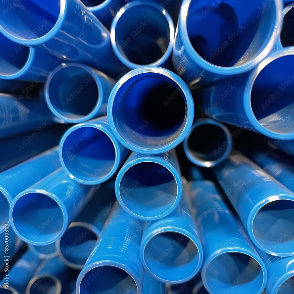 Bluewater stack of pipes. Plastic pipe is stockpiled for storage in the open air. Bluewater stack of pipes. Plastic pipe is stockpiled for storage in the open air.