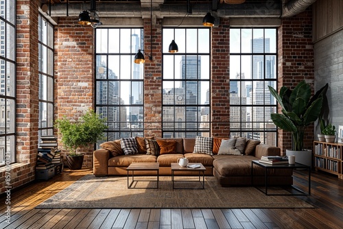 a living room filled with furniture and large windows